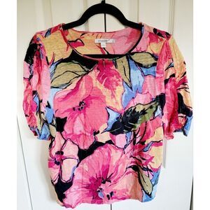 Chico's 1 Linen Blouse Top Size M Pink Blue Floral Hibiscus Short‎ Sleeve Rouche